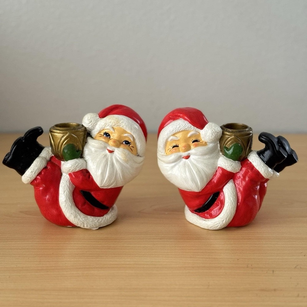 Vtg Sitting‎ Santa Claus Figure Taper Candle Holder Set Japan Painted MCM Kitsch